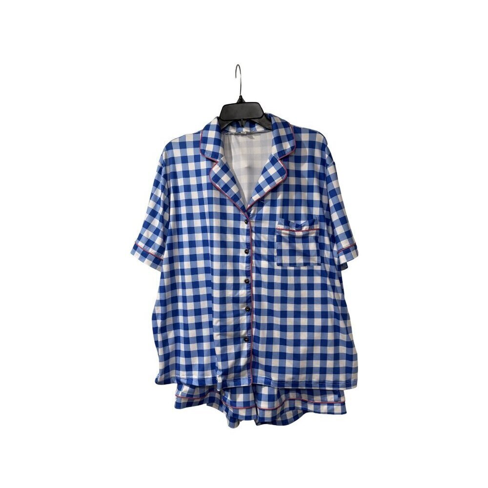 Blue & White Checkered Pajama Set With pink Piping By Blakeley L/XL Button-Up To